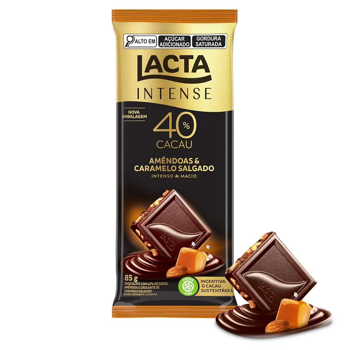 Chocolate Lacta Intense Meio Amargo 40% Cacau Amêndoas e Caramelo Salgado 85g
