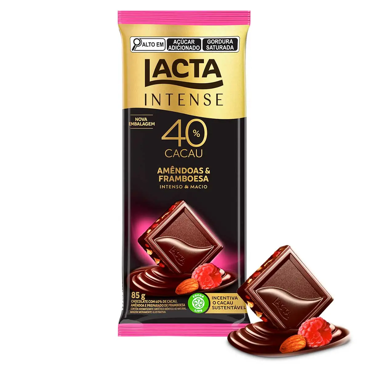 Chocolate Lacta Intense Meio Amargo 40% Cacau Amêndoas e Framboesa 85g
