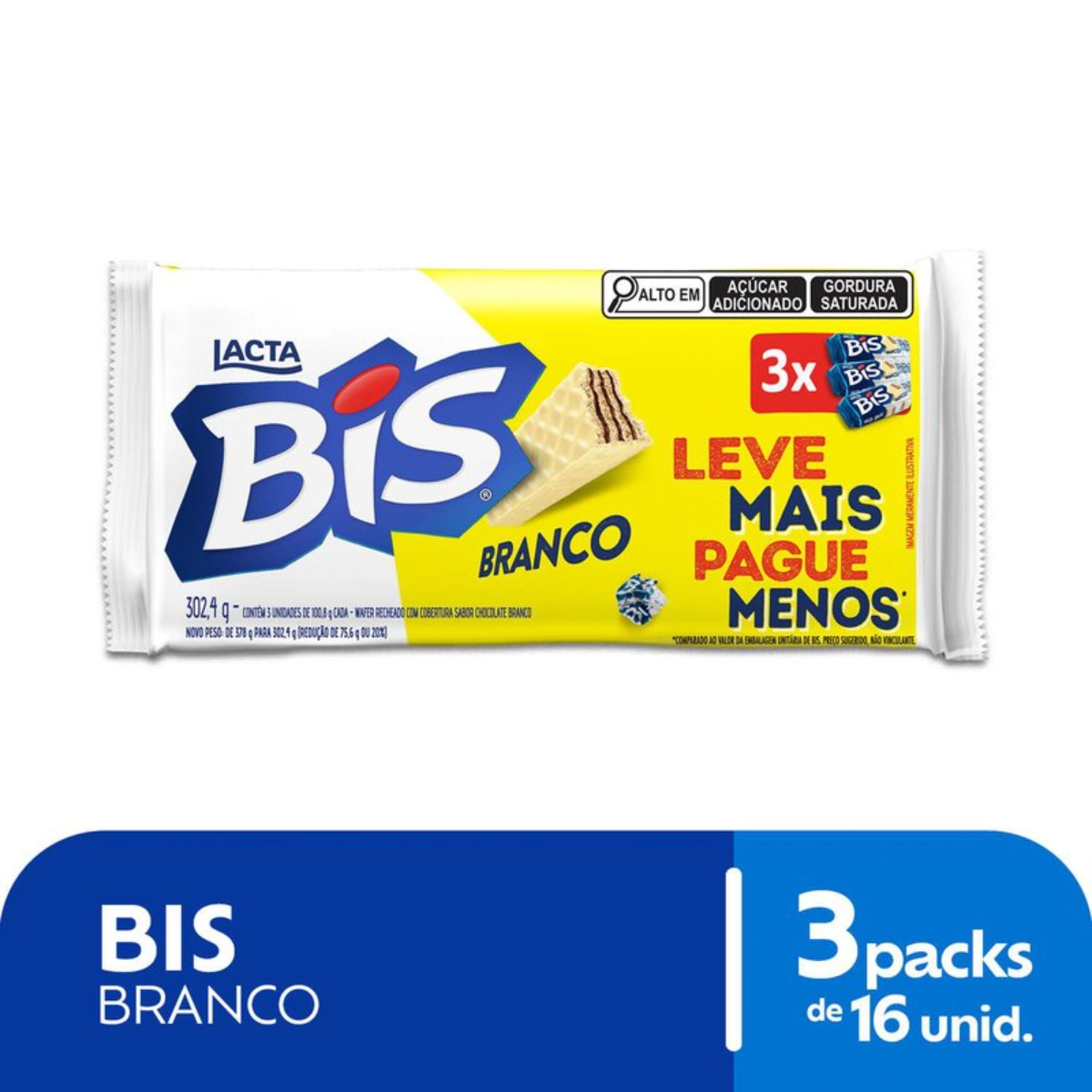 Pack Wafer Recheio e Cobertura Chocolate Branco Lacta Bis Pacote 302,4g 3 Unidades Leve Mais Pague M