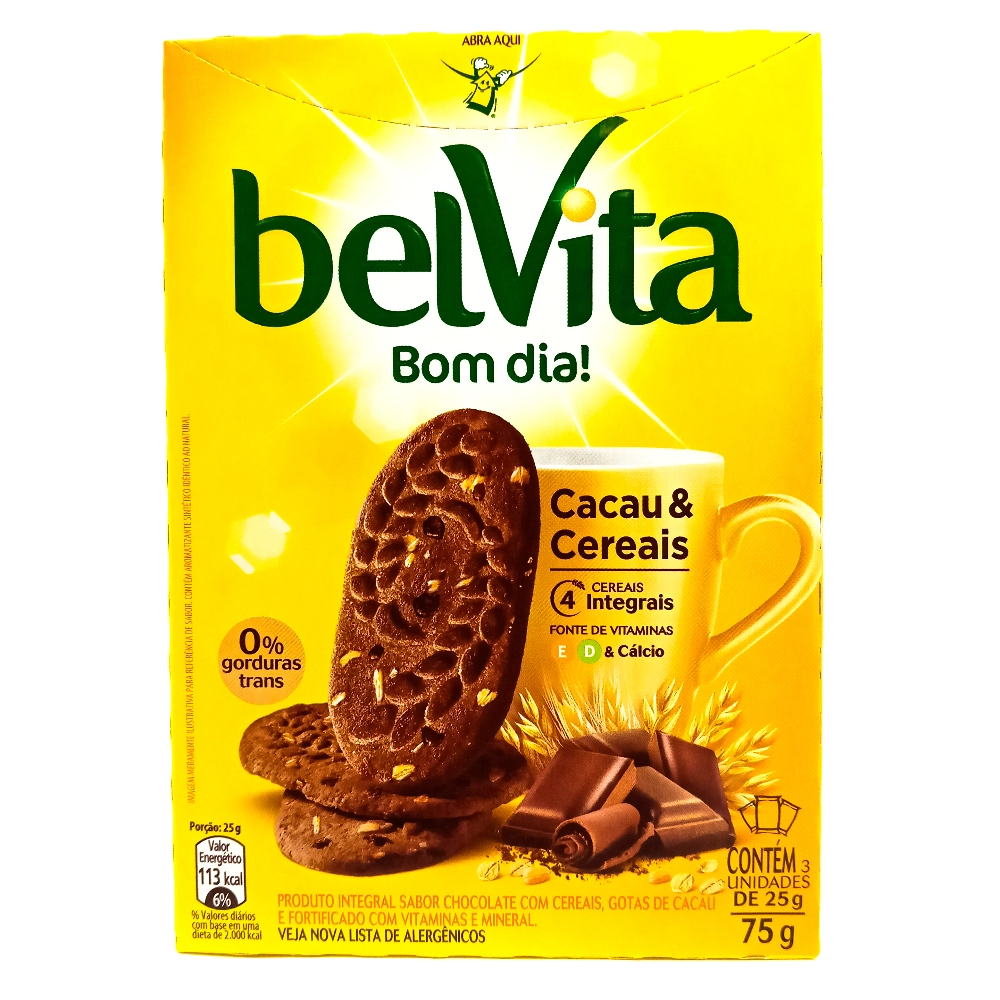 Biscoito Integral Cacau Cereais Belvita Caixa 75g 3 Unidades
