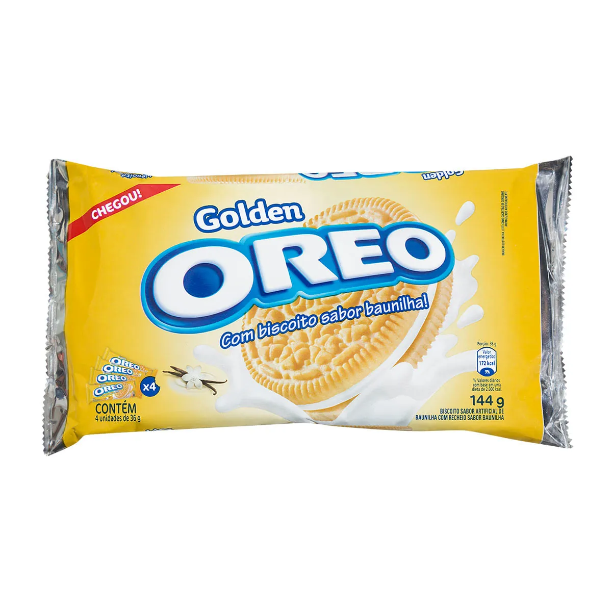 Pack Biscoito Baunilha Recheio Baunilha Oreo Golden Pacote 144g 4 Unidades