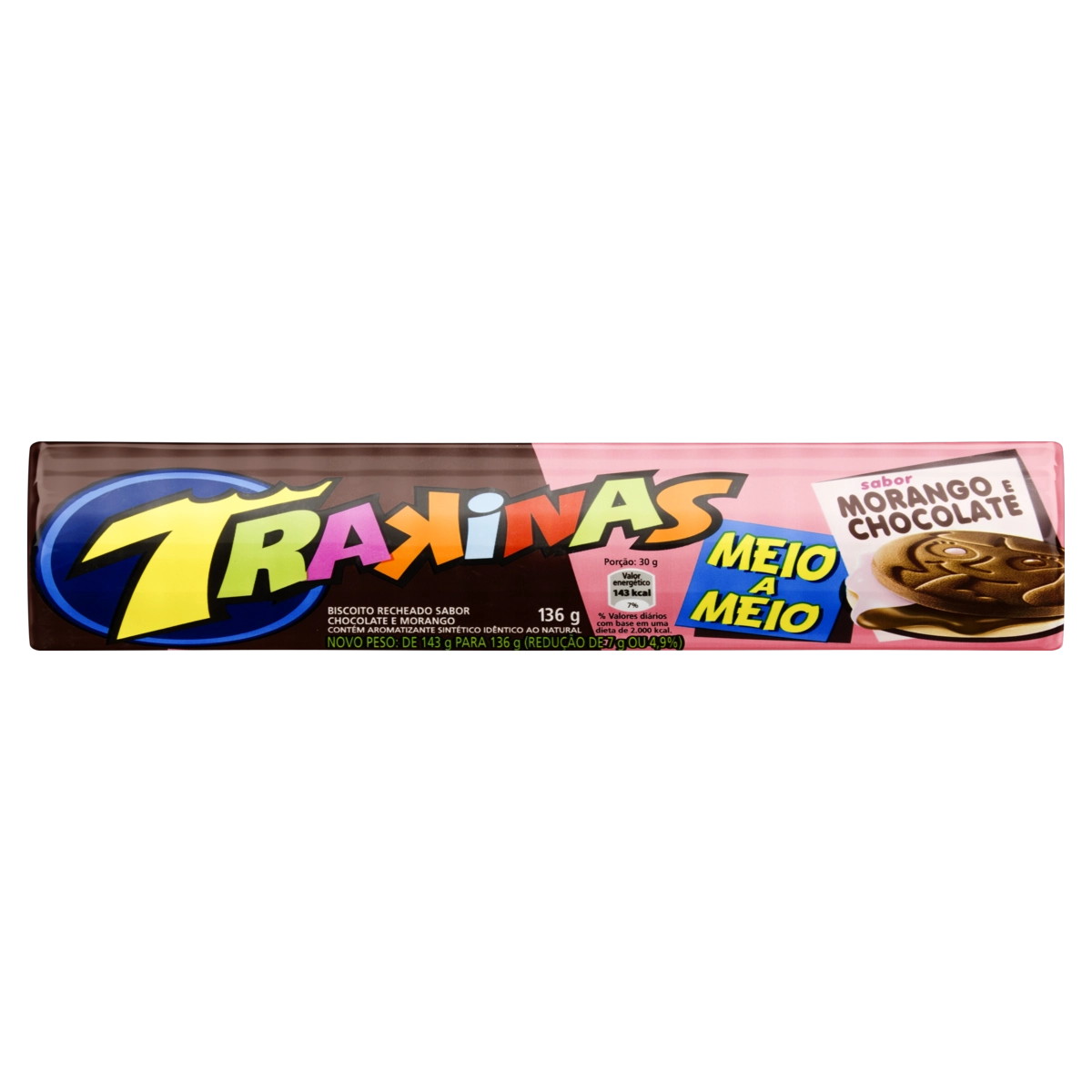 Biscoito Com Recheio De Morango E Chocolate Trakinas Pacote 136g