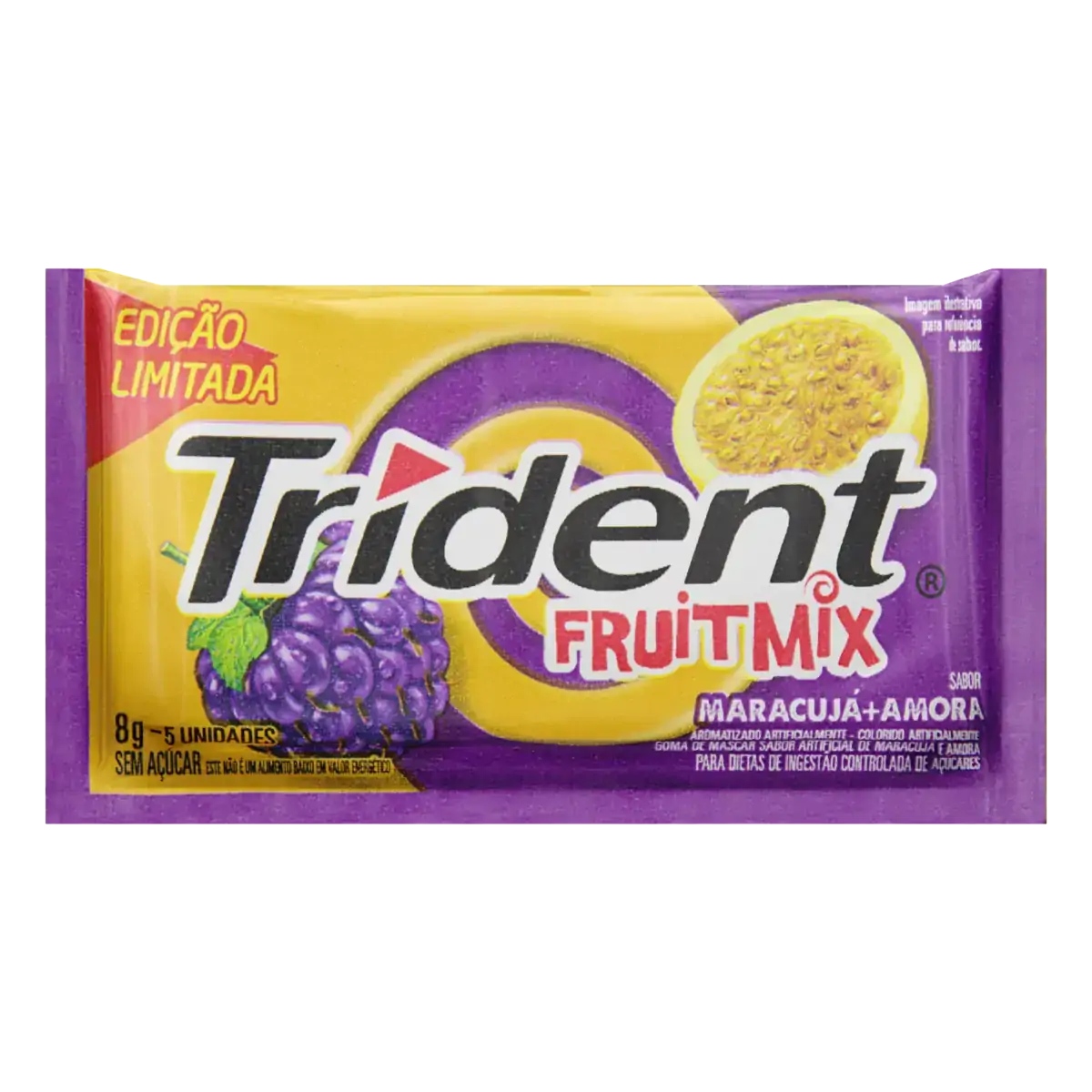 Goma De Mascar Maracujá E Amora Zero Açúcar Trident Fruit Mix Envelope 8g 5 Unidades