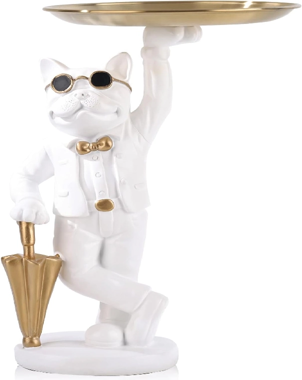 Escultura Bulldog Mordomo Bandeja Resina 33cm Nd018 Banana Toys