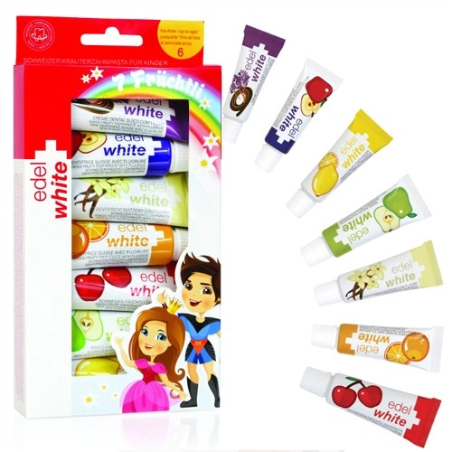 Creme Dental Suiço Edel White Fruchtli Kids Frutas Sortidas C/ 7 Bisnagas De 9,4ml Cada