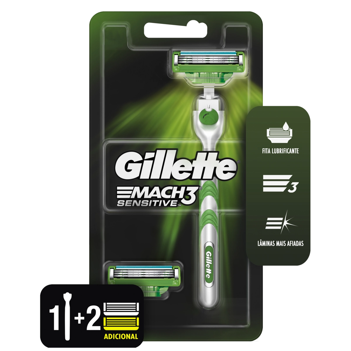 Kit 1 Aparelho Recarregável Para Barbear 2 Cargas Gillette Mach3 Sensitive