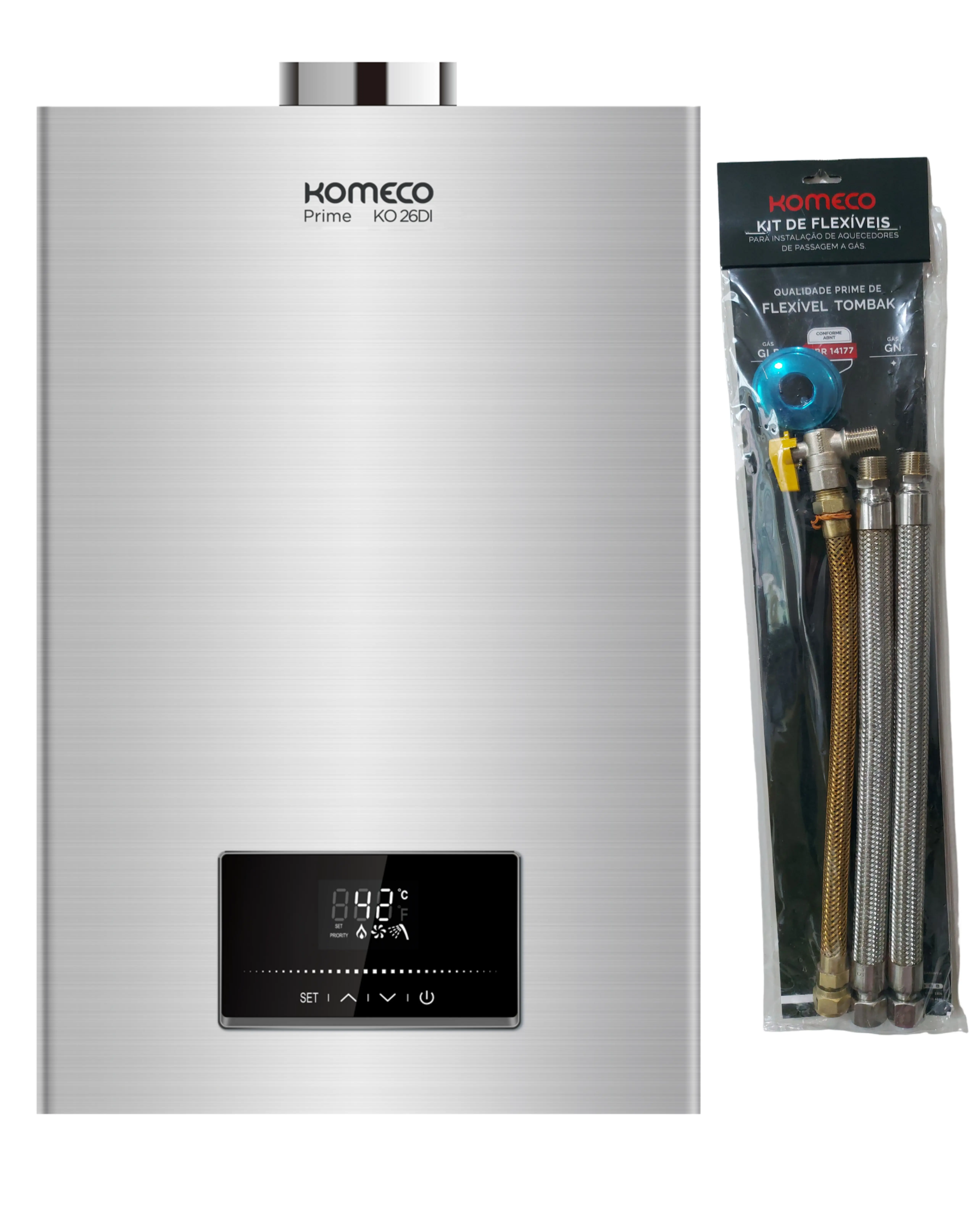 Aquecedor De Água A Gás Komeco Ko 26 Di Prime Wifi Inox Digital Bivolt 26 Litros Gás Gn E Kit Ligação