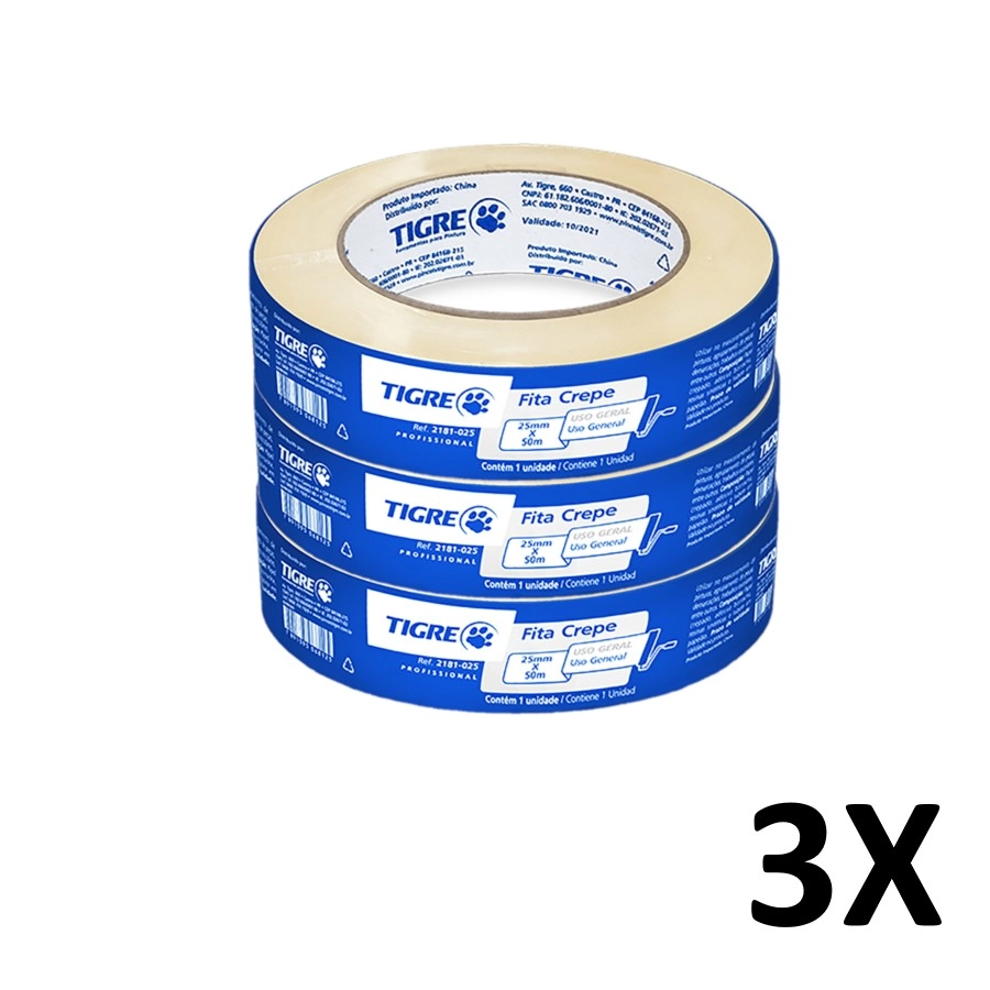 Kit 3 Fita Crepe Uso Geral Pintura 24mmx50m Tigre