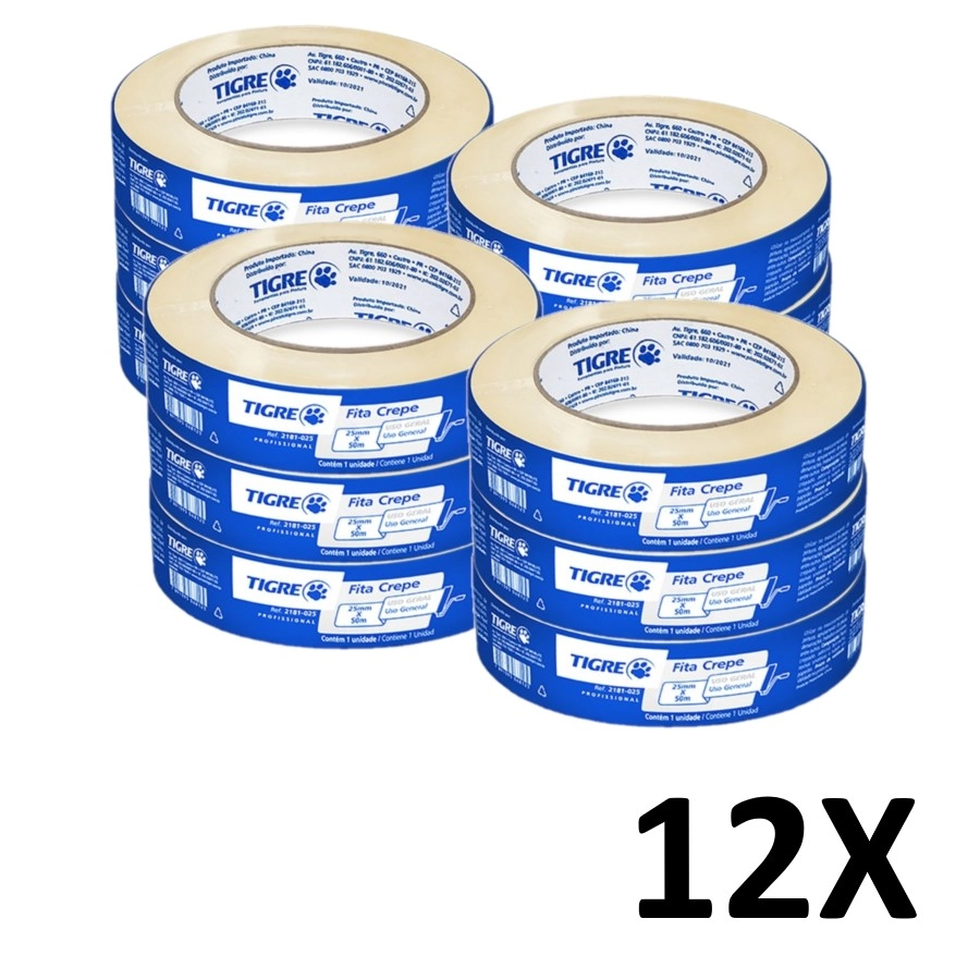 Kit 12 Fita Crepe Uso Geral Pintura 24mmx50m Tigre