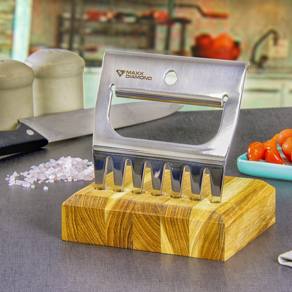 Garfo Destrinchador Garra De Urso Inox Com Base Em Madeira Teca