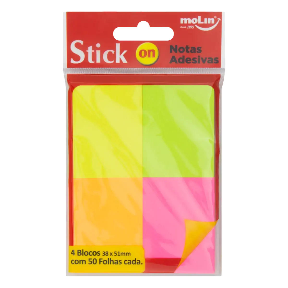Bloco De Notas Com Adesivo Molin Stick On 38mm X 51mm Pacote 4 Unidades 200 Folhas