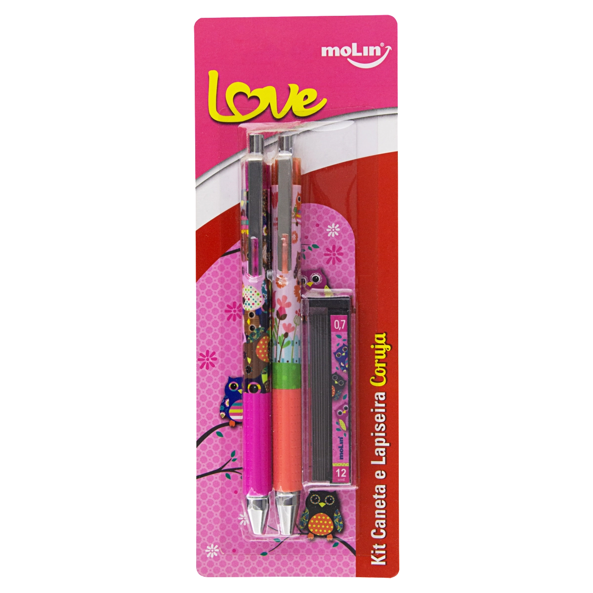Kit Caneta Esferográfica Lapiseira 0,7mm Grafite Hb 0,7mm Coruja Love Molin