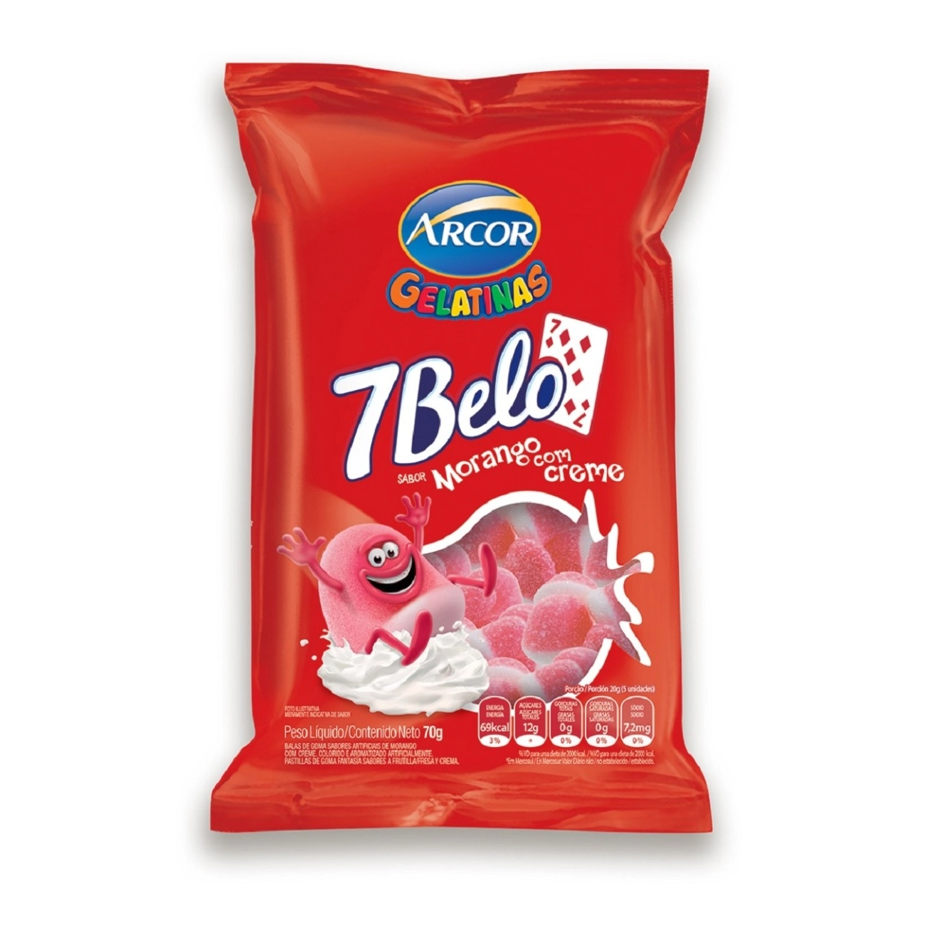 Bala De Goma Morango Com Creme 7 Belo Pacote 70g