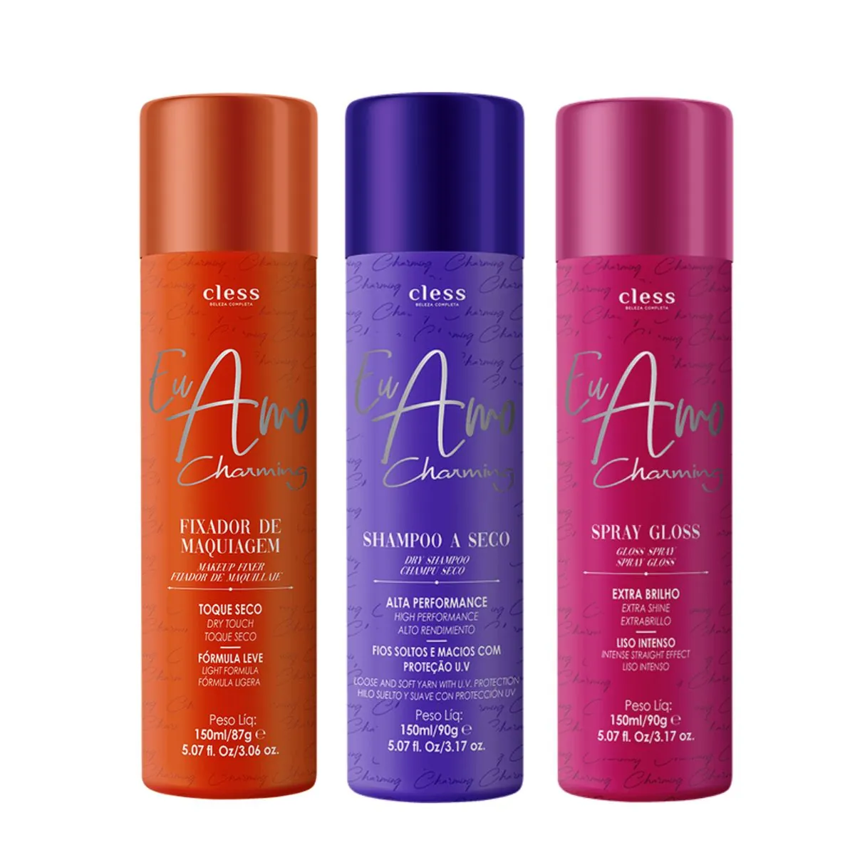 Kit Shampoo a seco + Fixador de maquiagem + Spray Gloss Eu Amo Charming