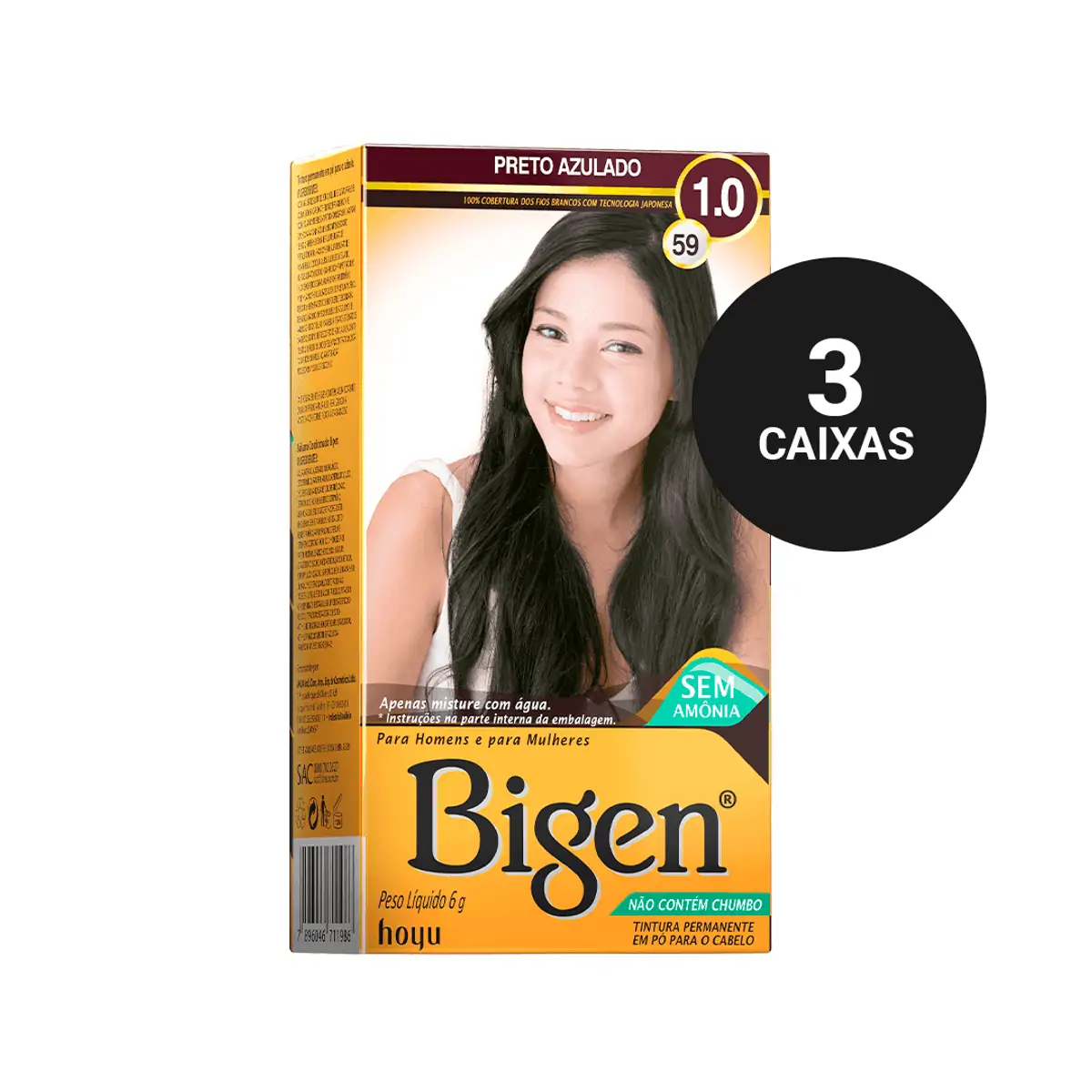 Kit Profissional Tintura Capilar à base de água Bigen 1.0 Preto Azulado 3cx