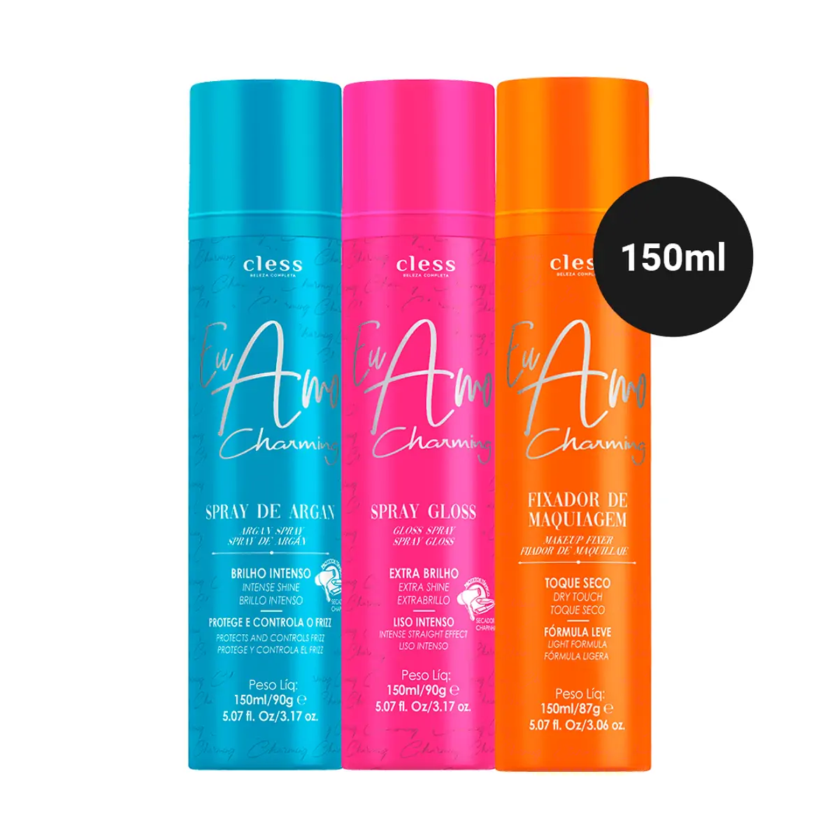 Kit Spray Argan + Spray Gloss + Fixa Maquiagem Eu Amo Charming