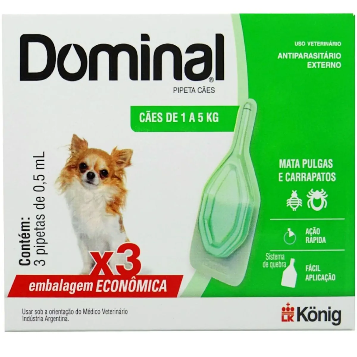 DOMINAL PIPETA PARA CÃES 1 A 5KG 0,5ML VERDE COM 3 UNIDADES