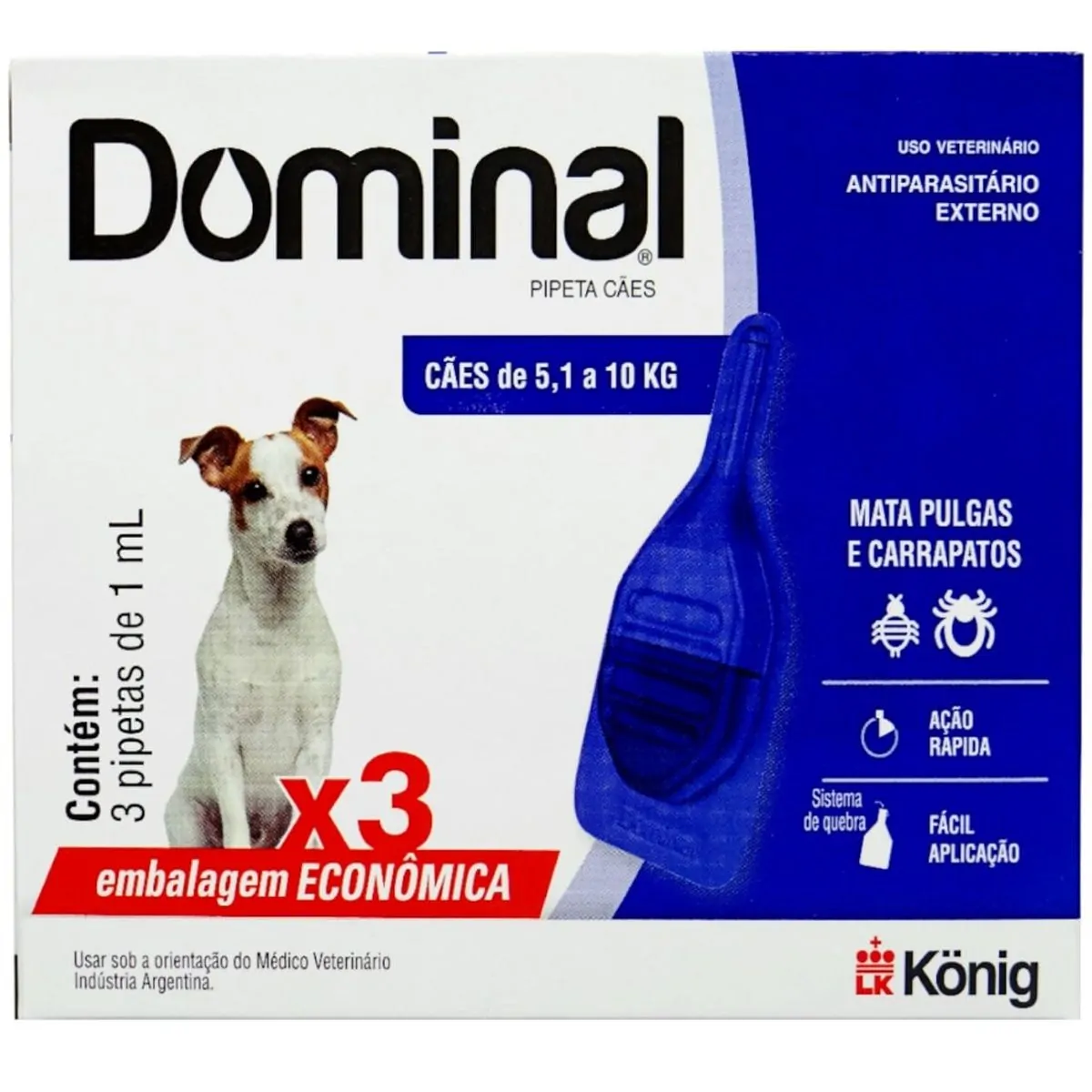 DOMINAL PIPETA PARA CÃES 5,1 A 10KG 1ML AZUL COM 3 UNIDADES