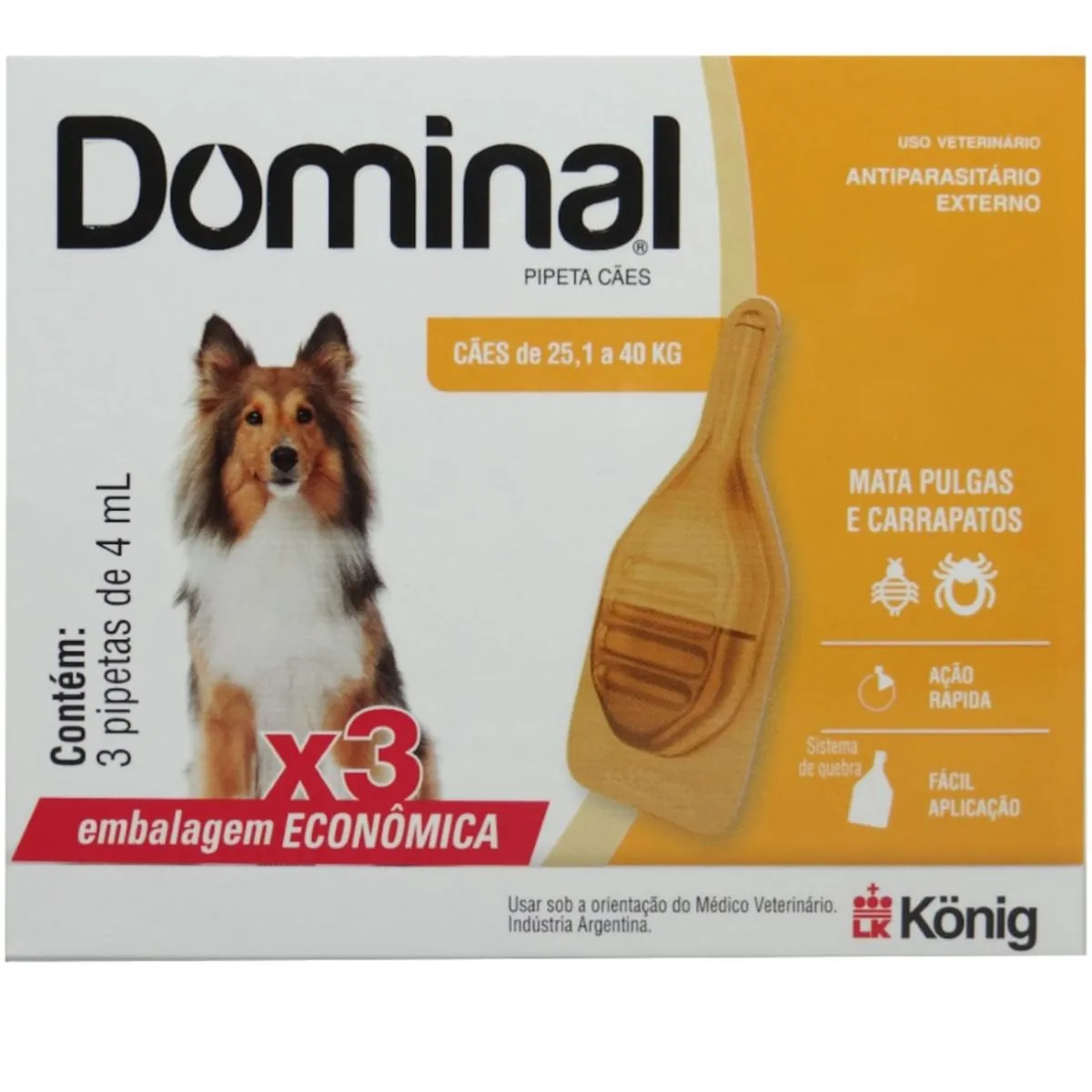 DOMINAL PIPETA PARA CÃES 25,1 A 40KG 4ML LARANJA COM 3 UNIDADES PREVENÇÃO DE PULGAS E CARRAPATOS