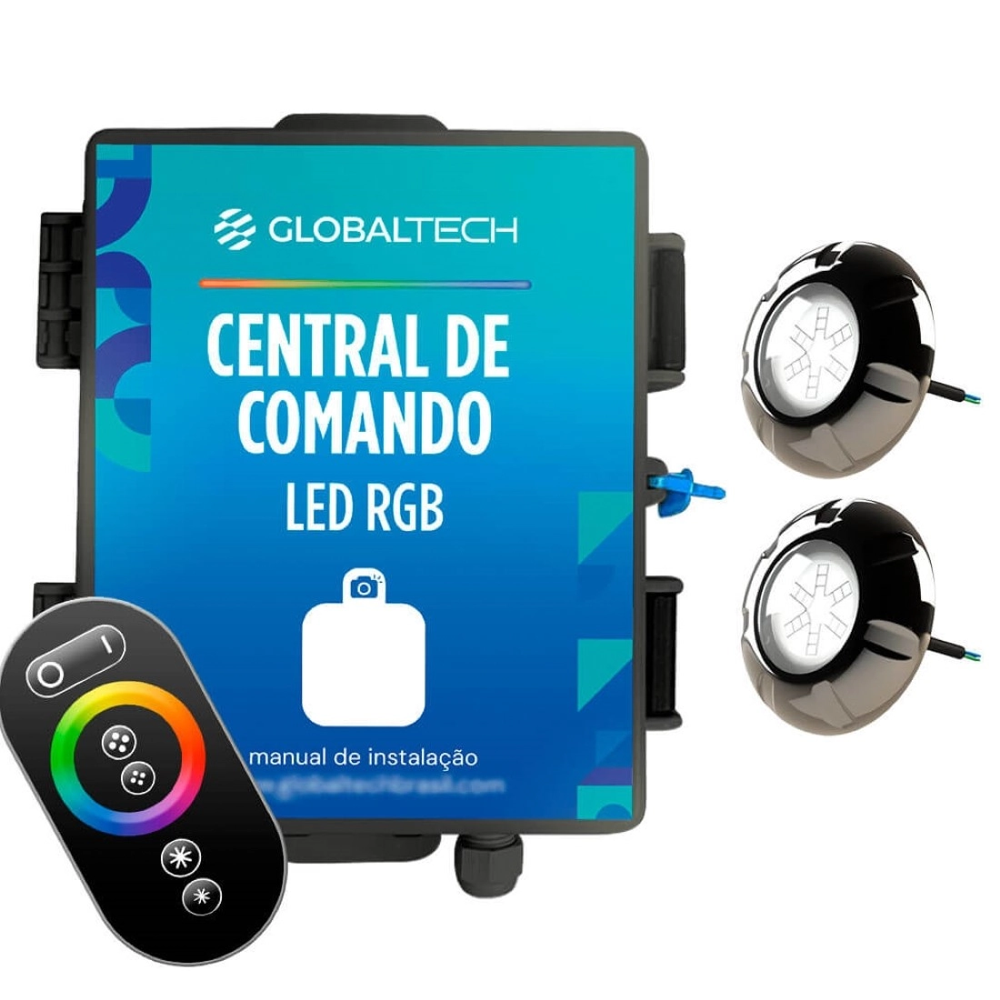 Kit 2x Led Rgb Piscina 9w Luxpool + Central Globaltech