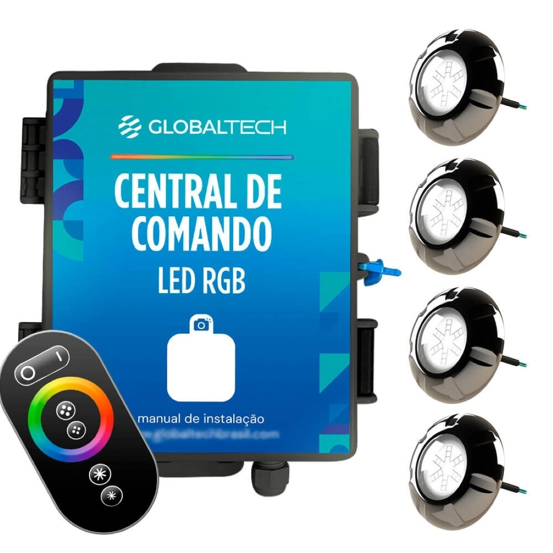 Kit 4x Led Rgb Piscina 9w Luxpool + Central Globaltech