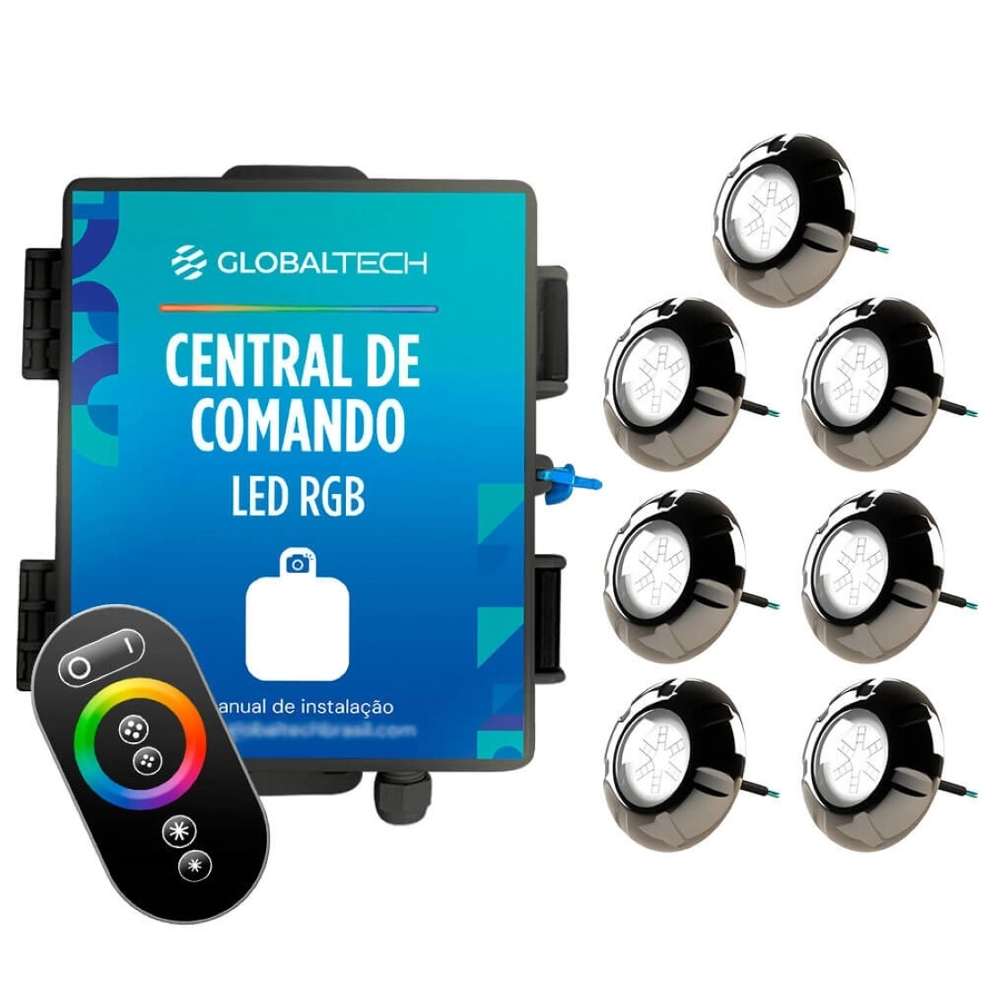 Kit 7x Led Rgb Piscina 9w Luxpool + Central Globaltech