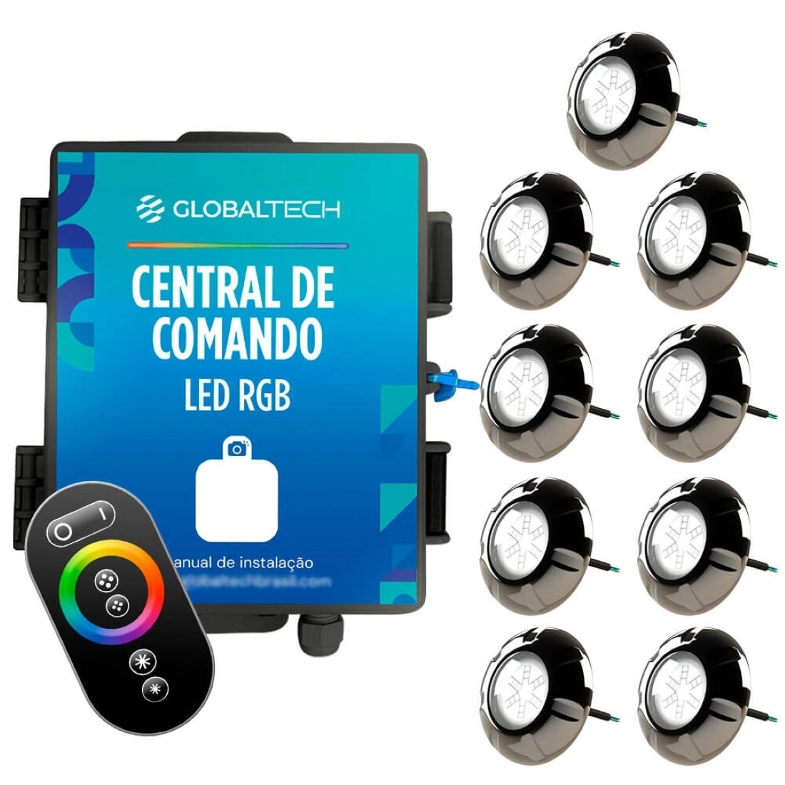 Kit 9x Led Rgb Piscina 9w Luxpool + Central Globaltech