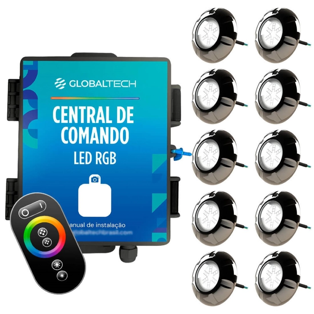 Kit 10x Led Rgb Piscina 9w Luxpool + Central Globaltech