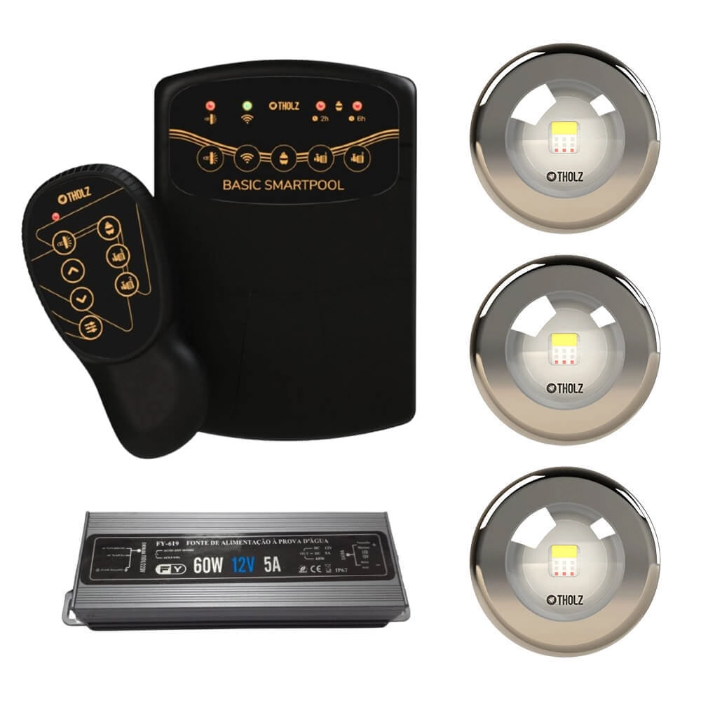 Kit 3 Led Rgb 10w Inox Piscina Tholz + Basic Smartpool + Fonte