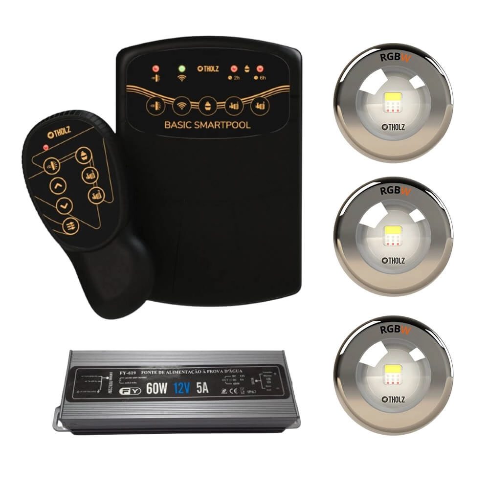 Kit 3 Led Rgbw 15w Inox Piscina Tholz + Basic Smartpool + Fonte
