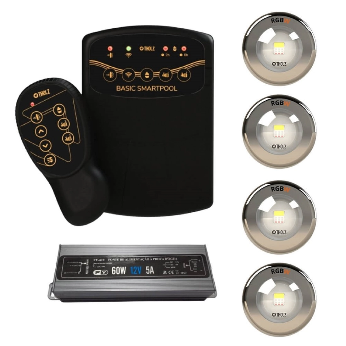 Kit 4 Led Rgbw 15w Inox Piscina Tholz + Basic Smartpool + Fonte