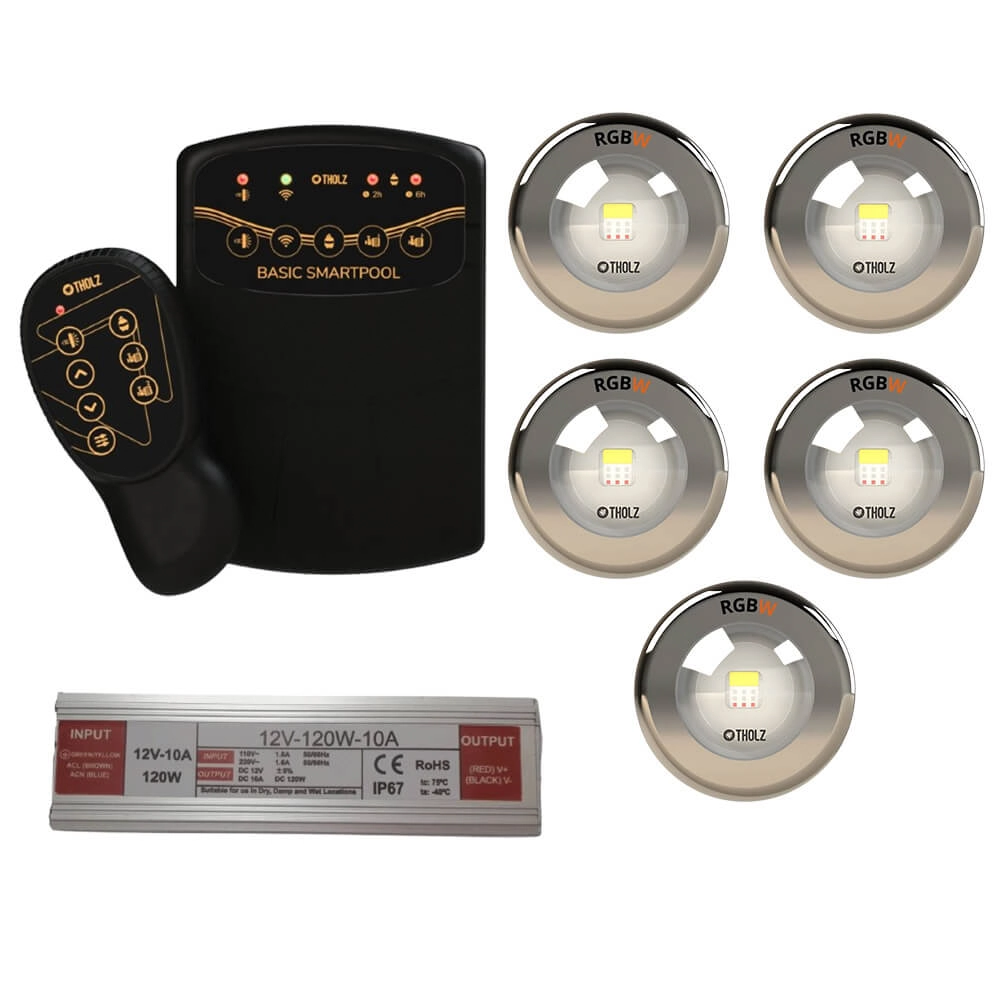 Kit 5 Led Rgbw 15w Inox Piscina Tholz + Basic Smartpool + Fonte