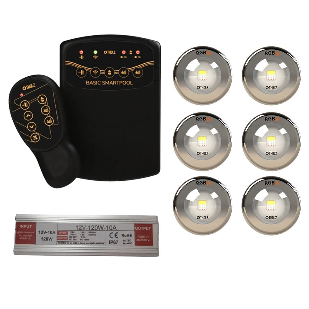 Kit 6 Led Rgbw 15w Inox Piscina Tholz + Basic Smartpool + Fonte