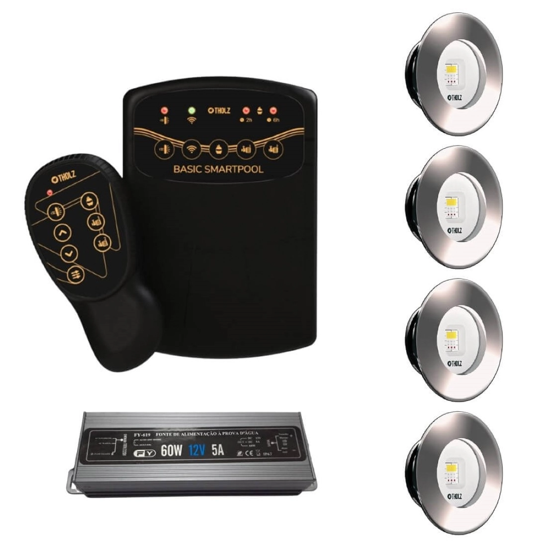 Kit 4 Led Slim Rgb 10w Inox Piscina Tholz + Basic Smartpool + Fonte
