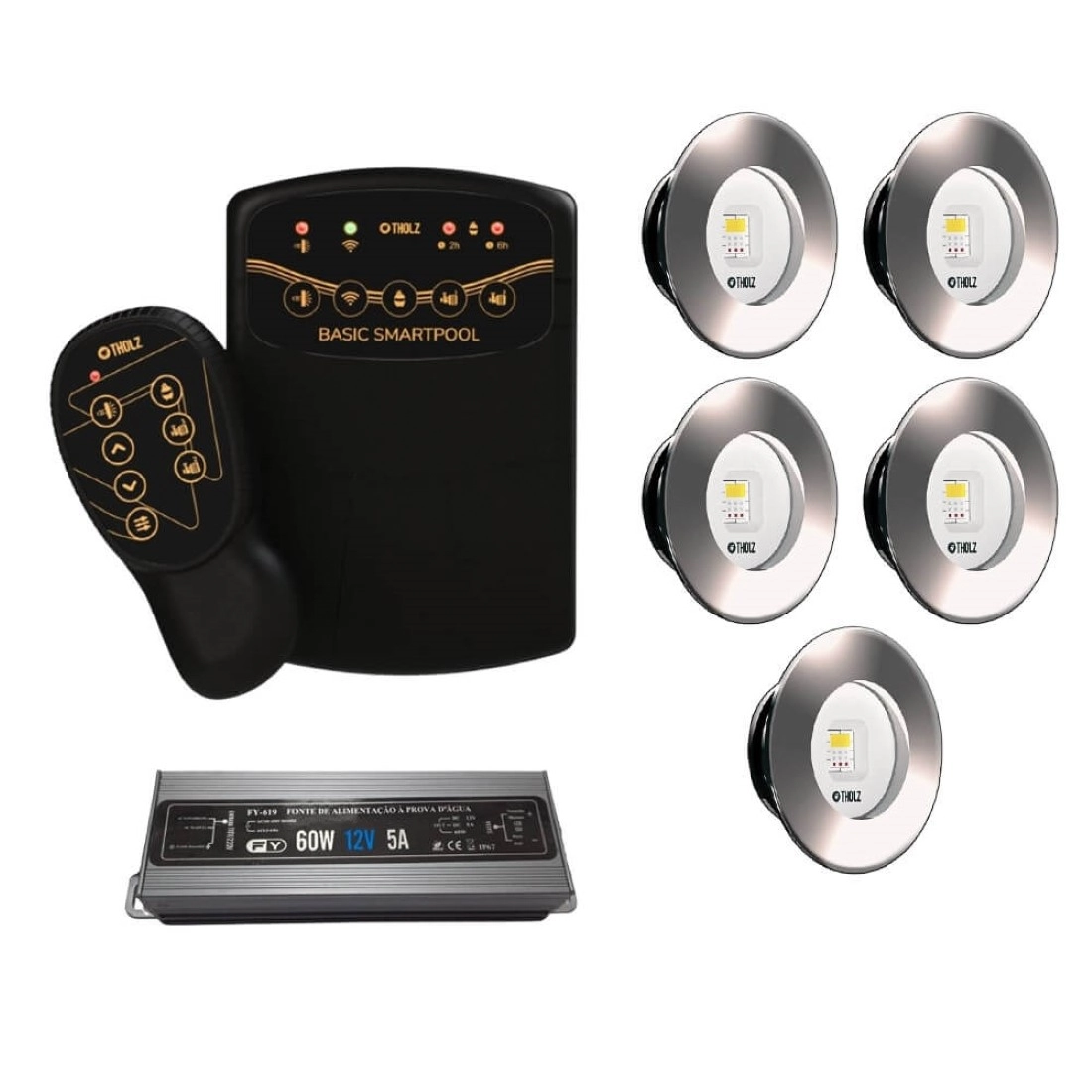 Kit 5 Led Slim Rgb 10w Inox Piscina Tholz + Basic Smartpool + Fonte