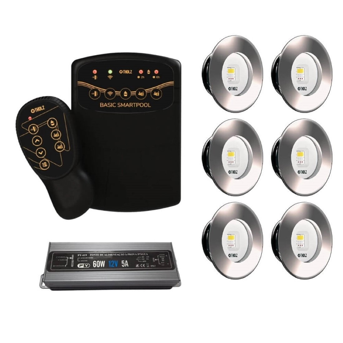 Kit 6 Led Slim Rgb 10w Inox Piscina Tholz + Basic Smartpool + Fonte