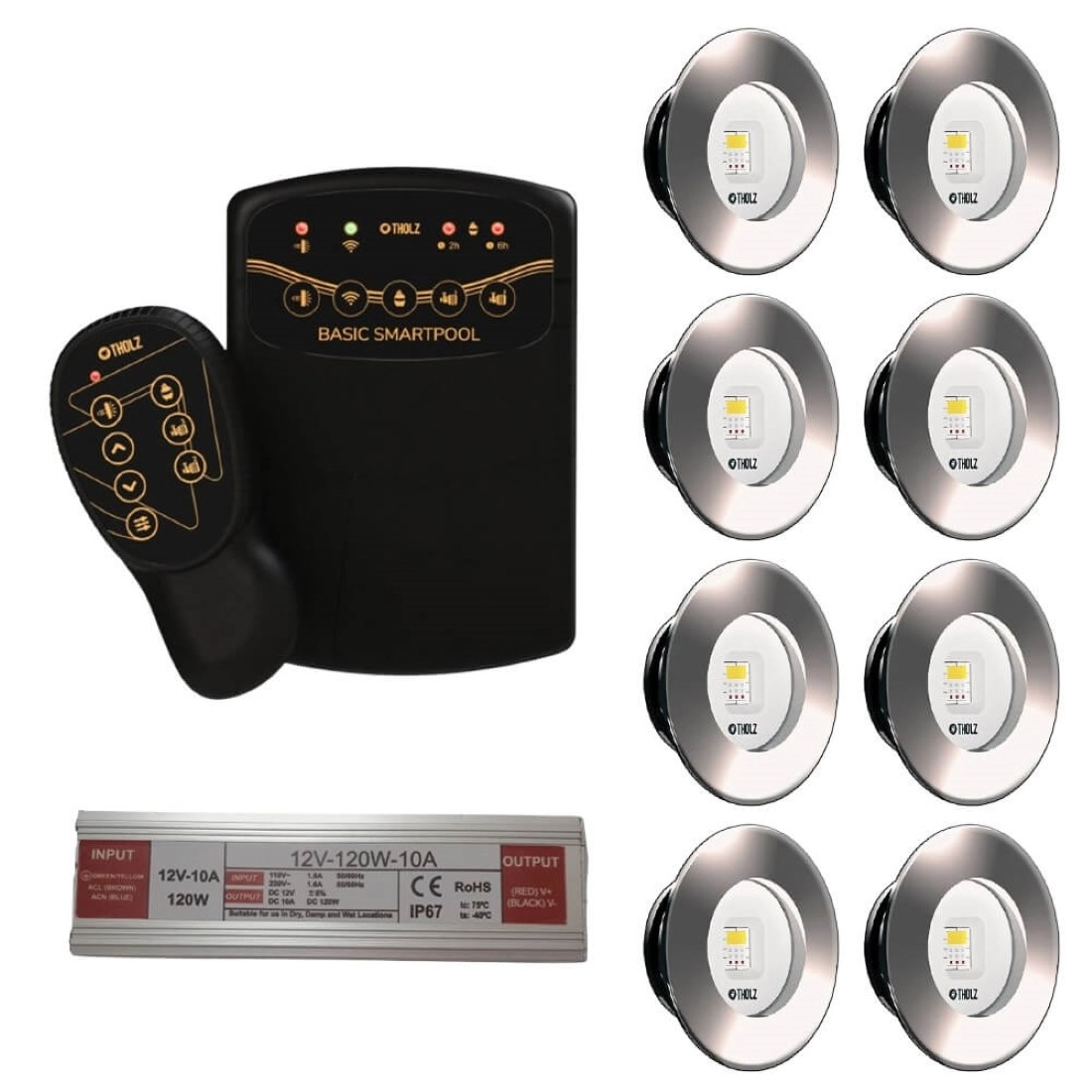 Kit 8 Led Slim Rgb 10w Inox Piscina Tholz + Basic Smartpool + Fonte