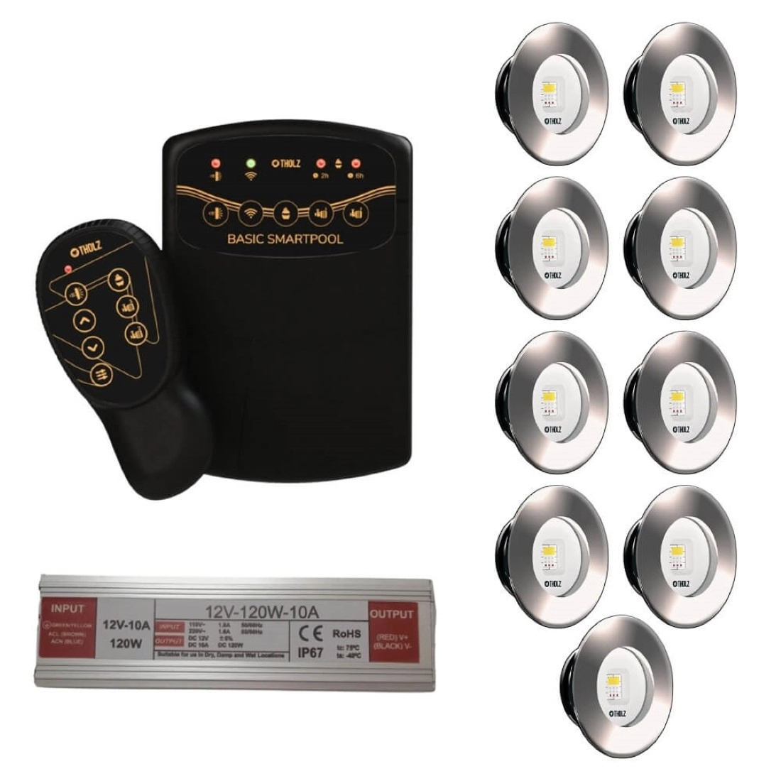Kit 9 Led Slim Rgb 10w Inox Piscina Tholz + Basic Smartpool + Fonte