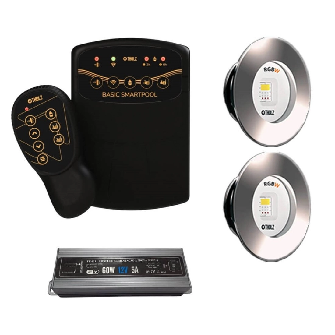 Kit 2 Led Slim Rgbw 15w Inox Piscina Tholz + Basic Smartpool + Fonte