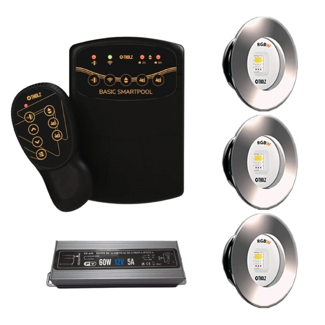 Kit 3 Led Slim Rgbw 15w Inox Piscina Tholz + Basic Smartpool + Fonte