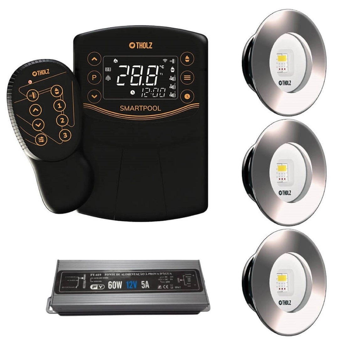 Kit 3 Led Slim Rgb 10w Inox Piscina Tholz + Smart Pool + Fonte