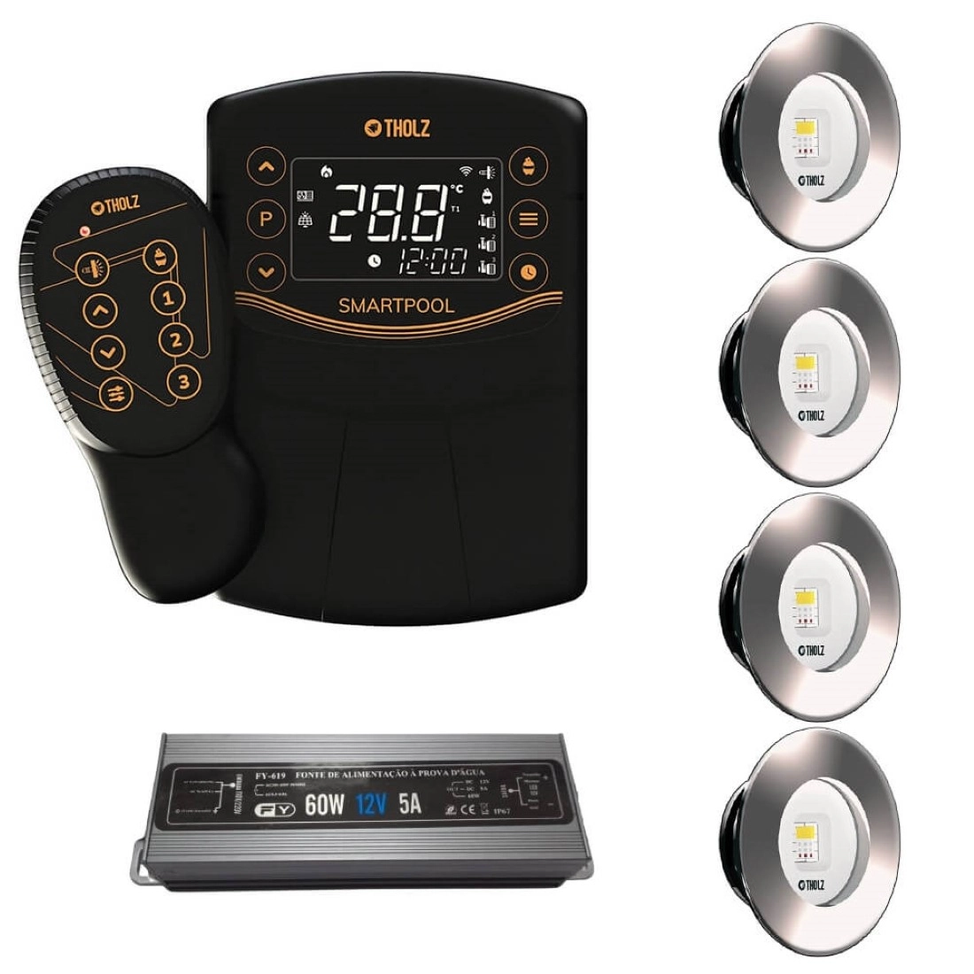 Kit 4 Led Slim Rgb 10w Inox Piscina Tholz + Smart Pool + Fonte