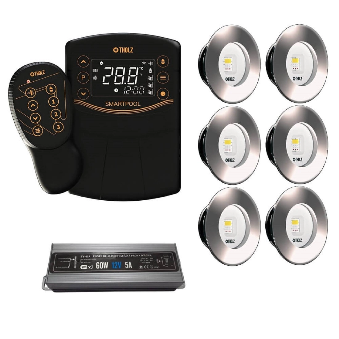 Kit 6 Led Slim Rgb 10w Inox Piscina Tholz + Smart Pool + Fonte