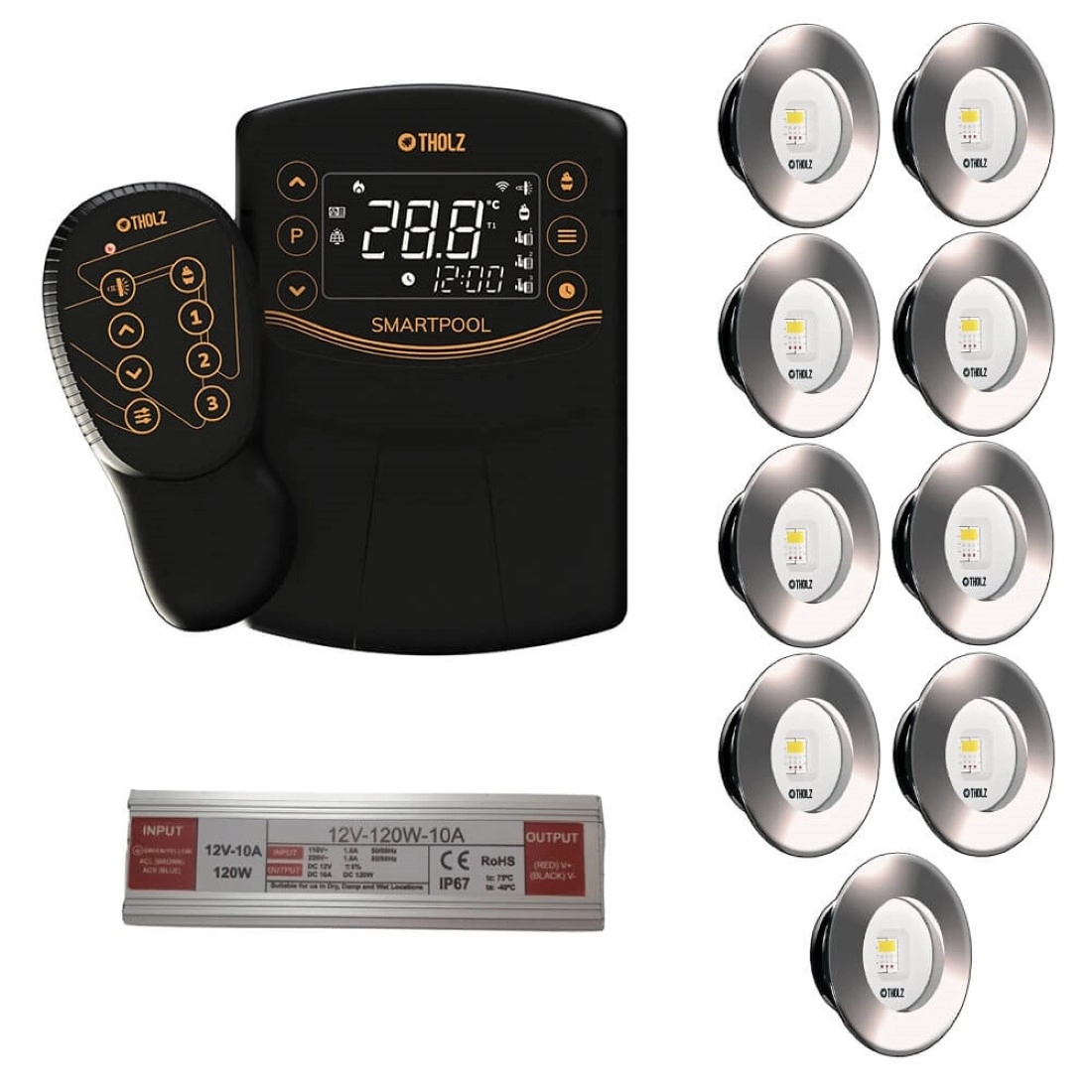 Kit 9 Led Slim Rgb 10w Inox Piscina Tholz + Smart Pool + Fonte