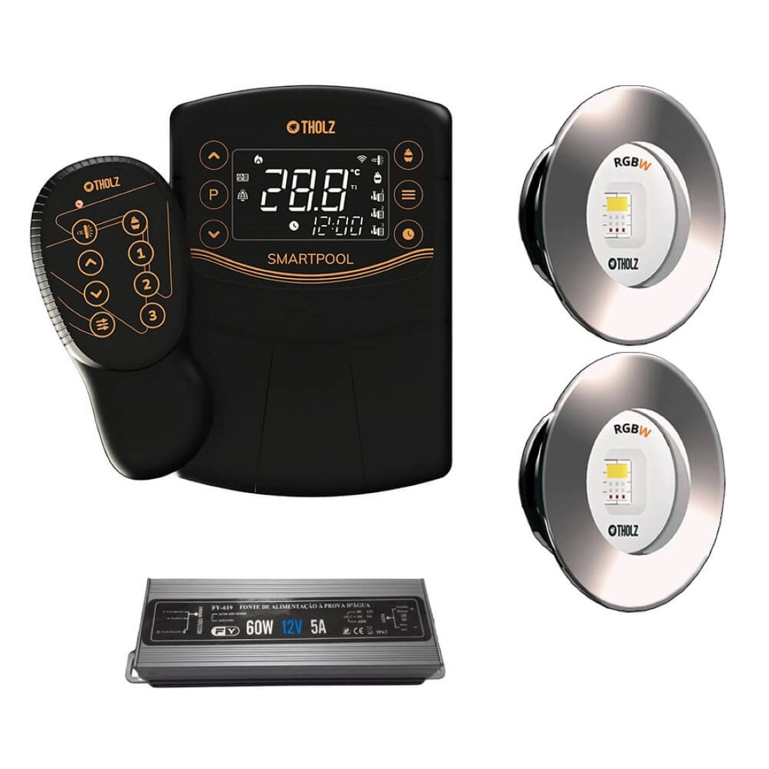 Kit 2 Led Slim Rgbw 15w Inox Piscina Tholz + Smartpool + Fonte