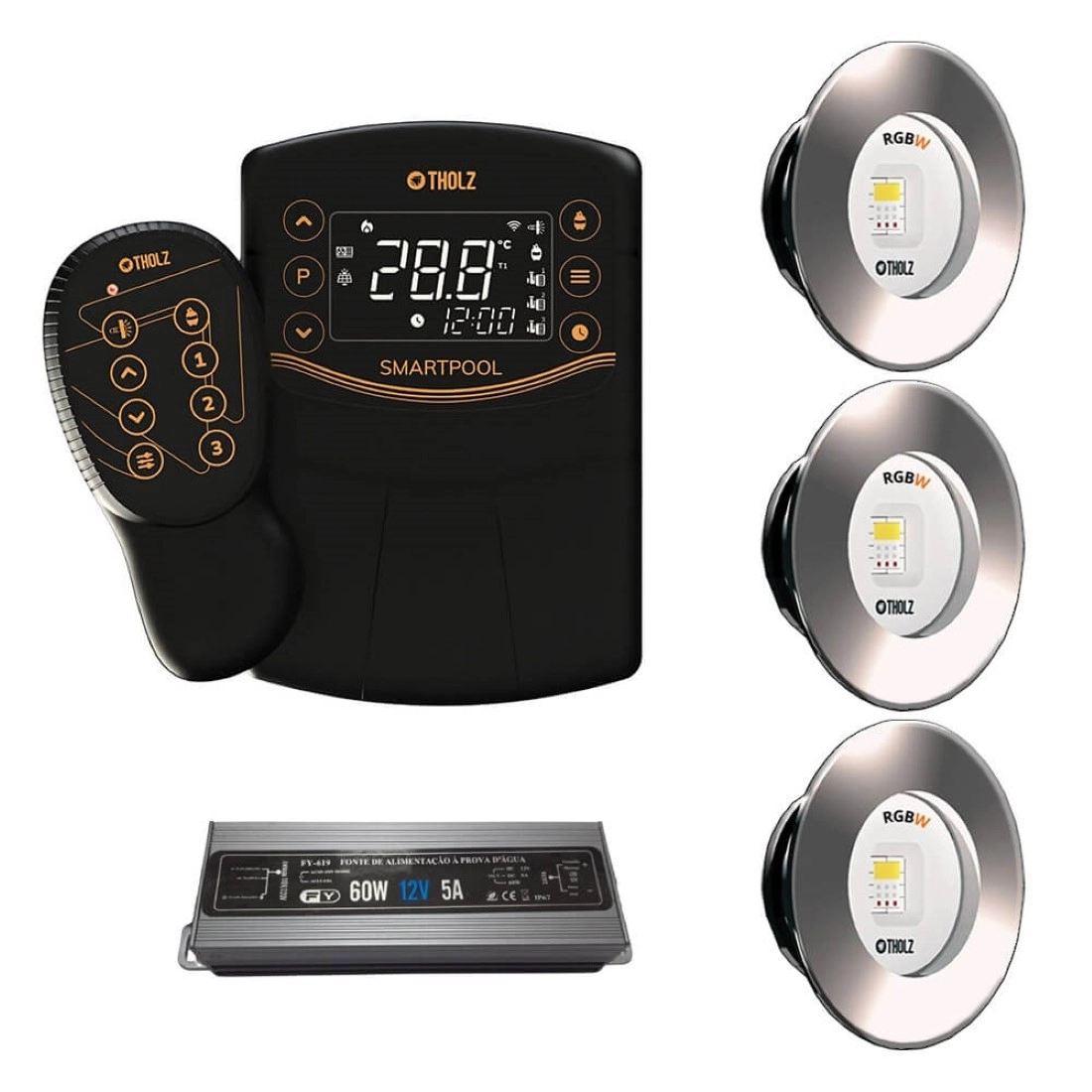 Kit 3 Led Slim Rgbw 15w Inox Piscina Tholz + Smartpool + Fonte