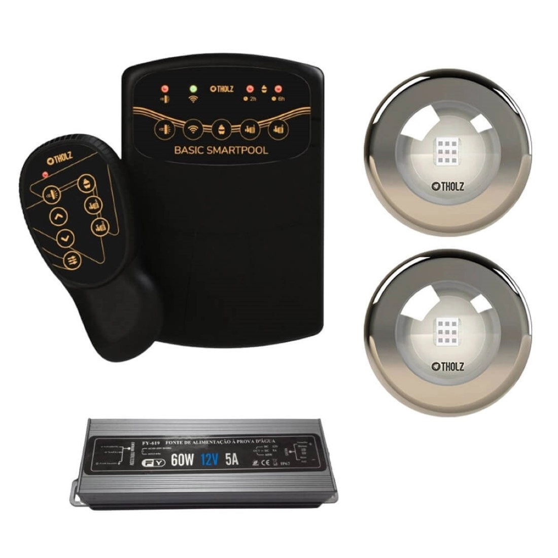 Kit 2 Led Rgb 20w Inox Piscina Tholz + Basic Smartpool + Fonte