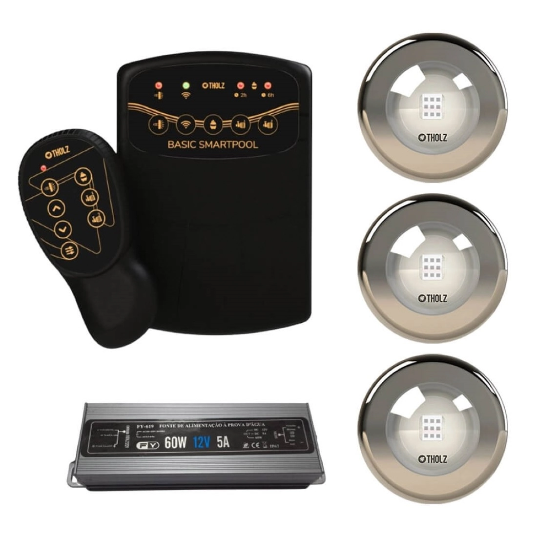 Kit 3 Led Rgb 20w Inox Piscina Tholz + Basic Smartpool + Fonte
