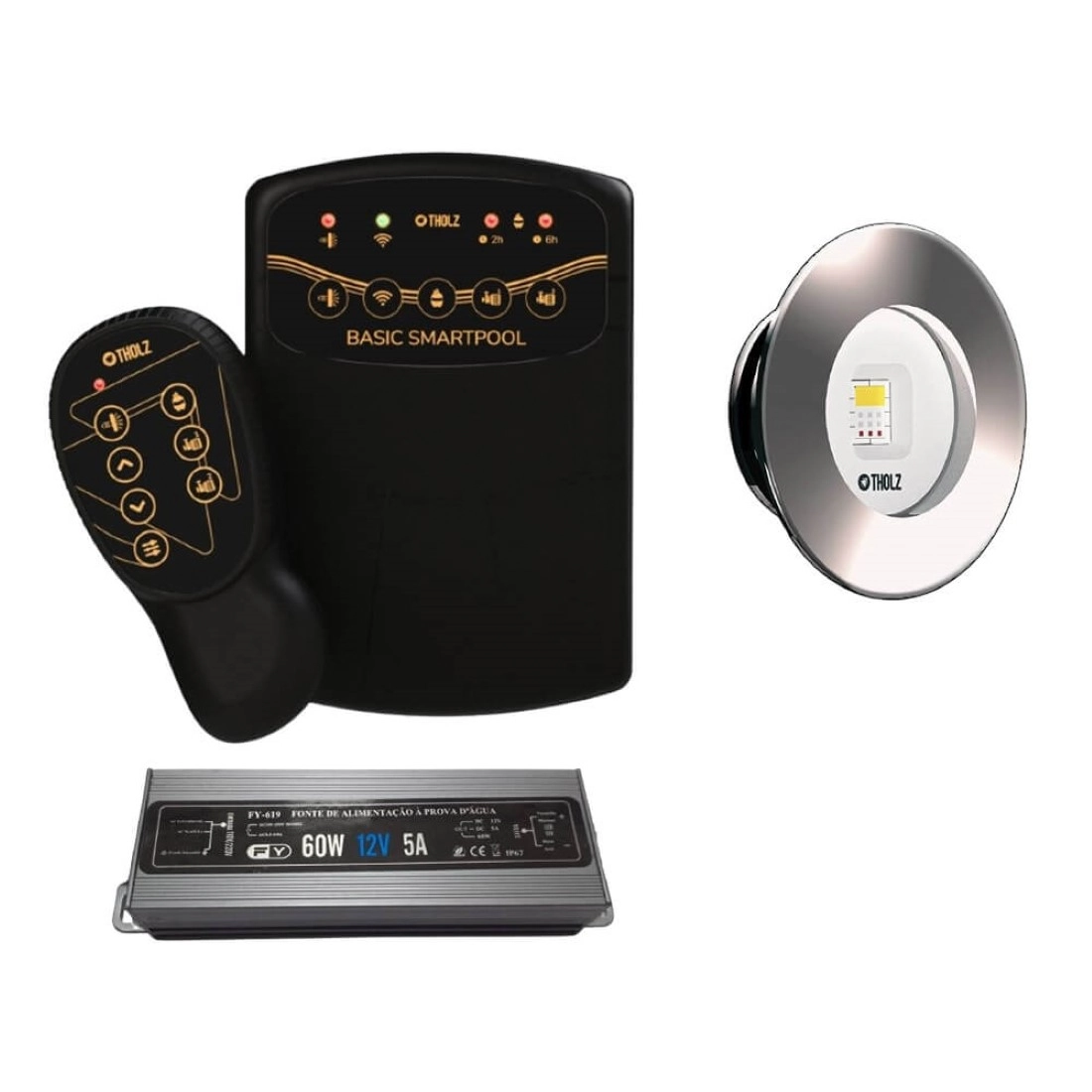 Kit 1 Led Slim Rgb 20w Inox Piscina Tholz + Basic Smartpool + Fonte