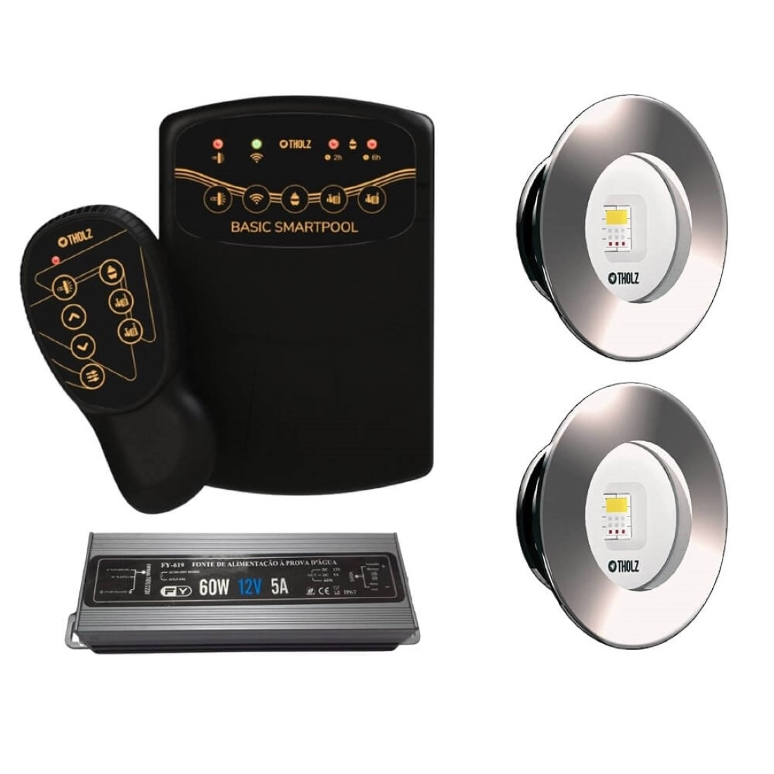 Kit 2 Led Slim Rgb 20w Inox Piscina Tholz + Basic Smartpool + Fonte